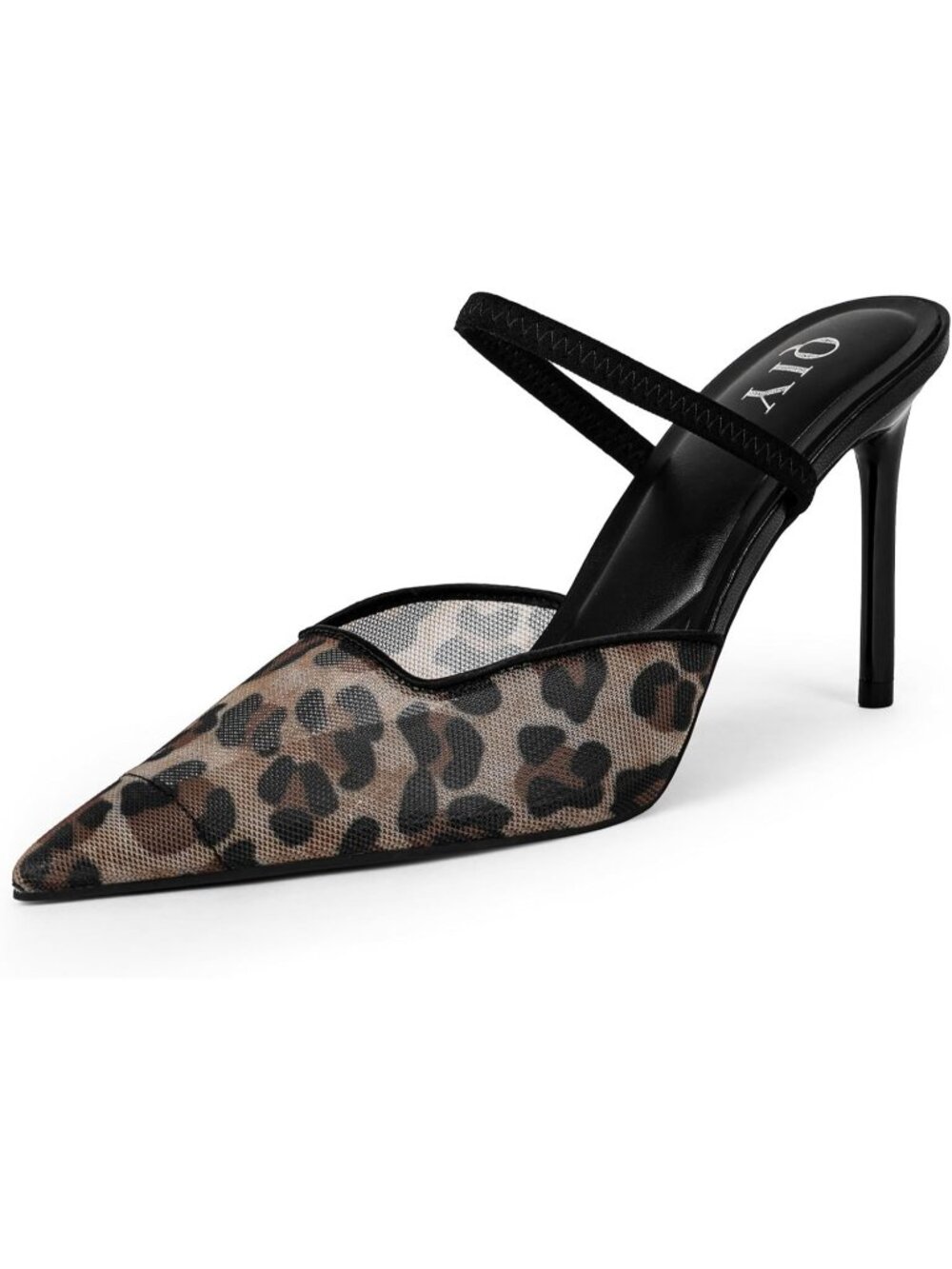 Women's Leopard Mesh Closed Pointed Toe Sexy Slip on Backless High Heel Sandals